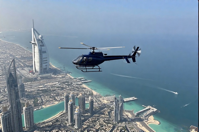 Helicopter flying over Burj Al Arab and Palm Jumeirah